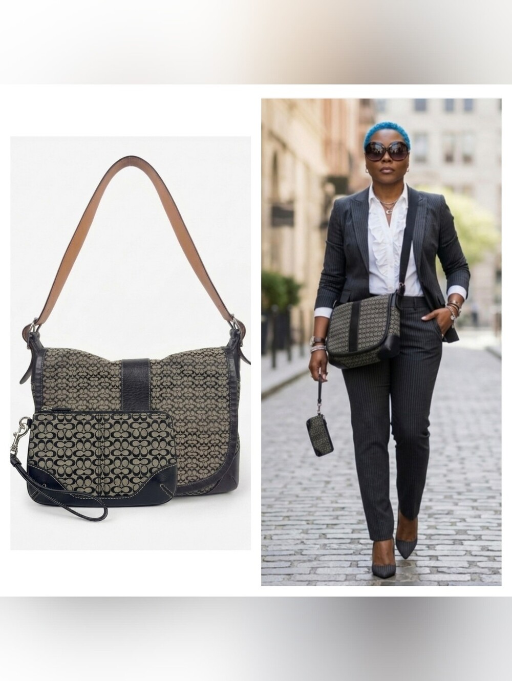 Coach Black and Gray cc Signature  Messenger Crossbody with Wristlet